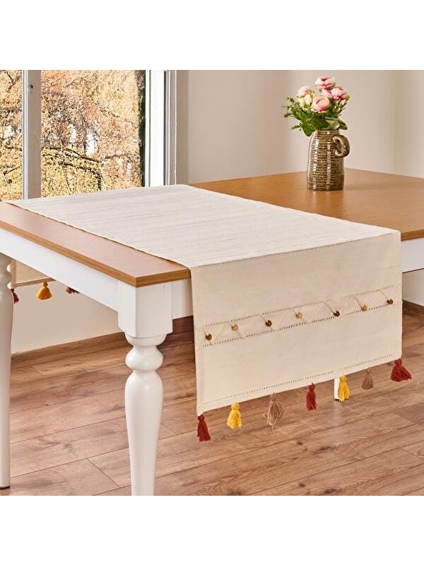 Evidea Soft Boncuklu Runner - Ekru - 50x130 cm