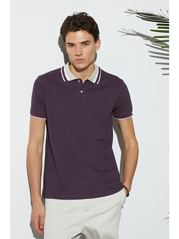 TUDORS Erkek Slim Fit Dar Kesim %100 Pamuk Eflatun Polo Yaka Tişört