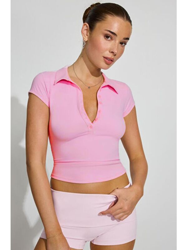 Madmext Pembe Polo Yaka Basic Kadın Tişört Mg2455