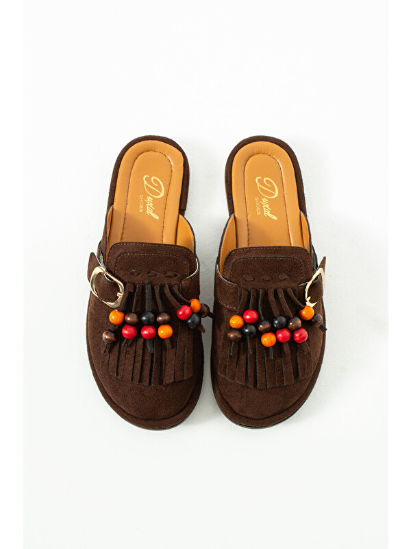 DUXAL SHOES Hazel Kadın Süet Püsküllü Boncuklu Tokalı Terlik Mulo