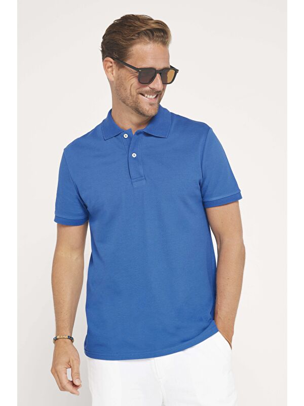 TUDORS Erkek Slim Fit Dar Kesim %100 Pamuk Düz Pike Indigo Polo Yaka Tişört