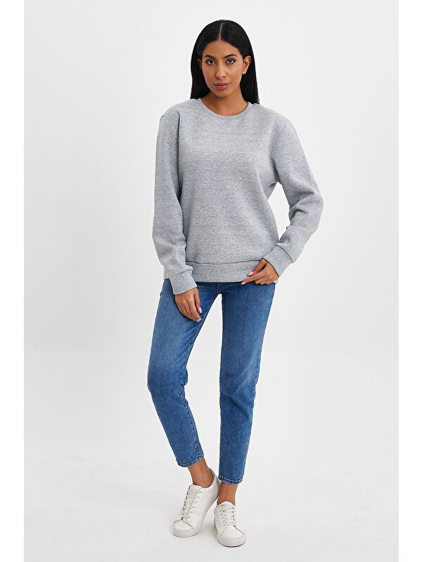 Süperlife Kadın Bisiklet Yaka Rahat Kalıp 3 iplik İçi Polarlı Kalın Sweatshirt SPR24SWK36