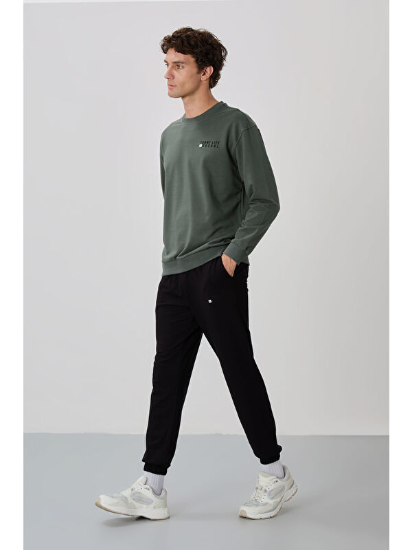 Tommylife Çağla - Siyah Casual O Yaka Lastik Paça Erkek Oversize Eşofman Takımı - 85120