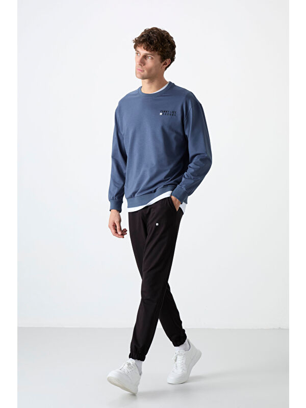 Tommylife Petrol - Siyah Casual O Yaka Lastik Paça Erkek Oversize Eşofman Takımı - 85120