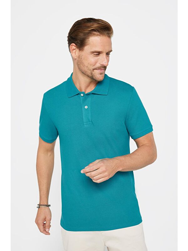 TUDORS Erkek Slim Fit Dar Kesim %100 Pamuk Düz Pike Mavi Polo Yaka Tişört