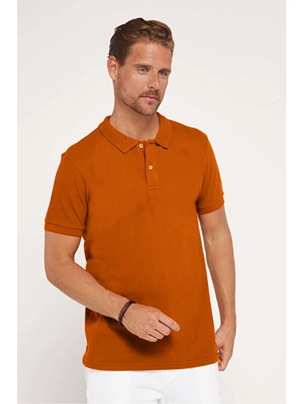 TUDORS Erkek Slim Fit Dar Kesim %100 Pamuk Düz Pike Kahverengi Polo Yaka Tişört