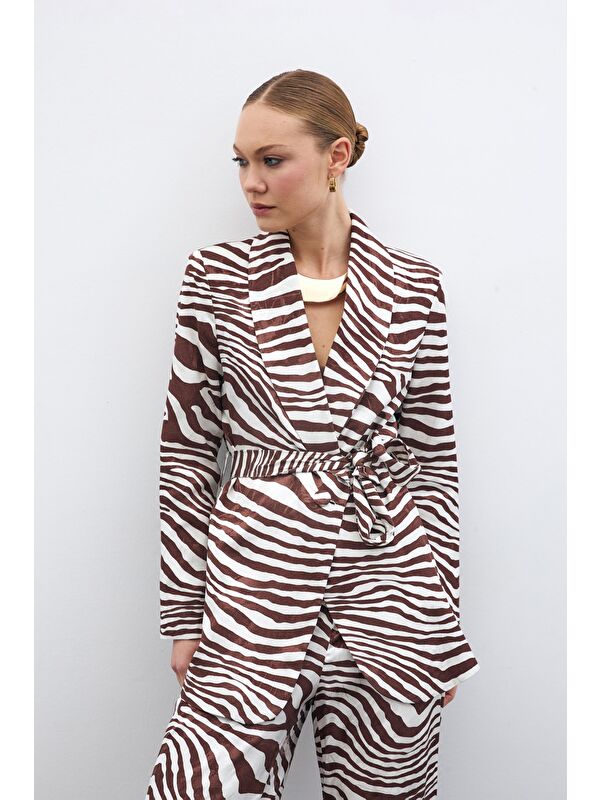 SATEEN Kuşaklı Zebra Ceket - Kahve