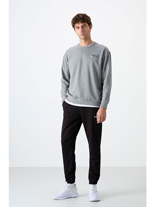 Tommylife Gri Melanj - Siyah Casual O Yaka Lastik Paça Erkek Oversize Eşofman Takımı - 85120