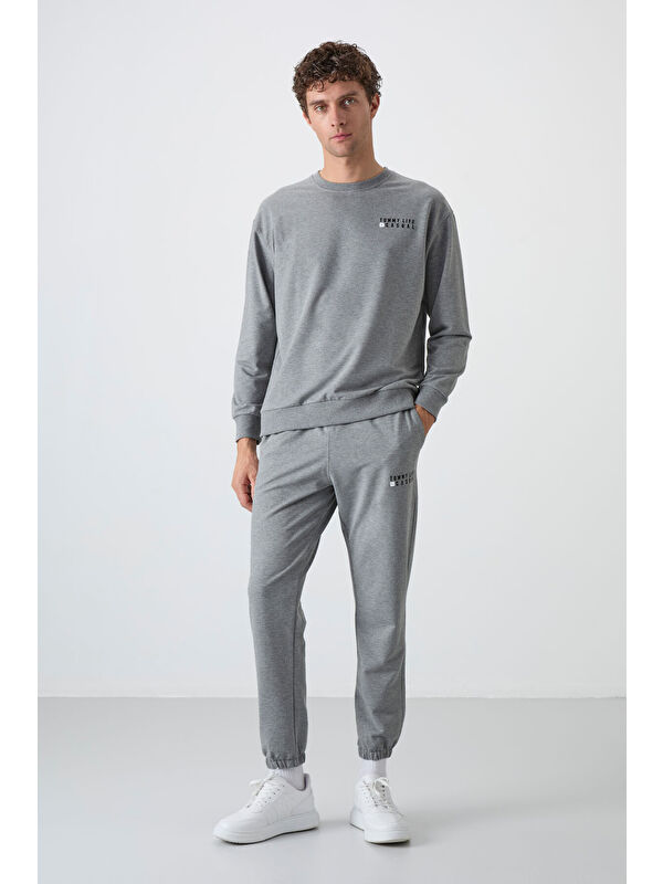 Tommylife Gri Melanj Casual O Yaka Lastik Paça Erkek Oversize Eşofman Takımı - 85120