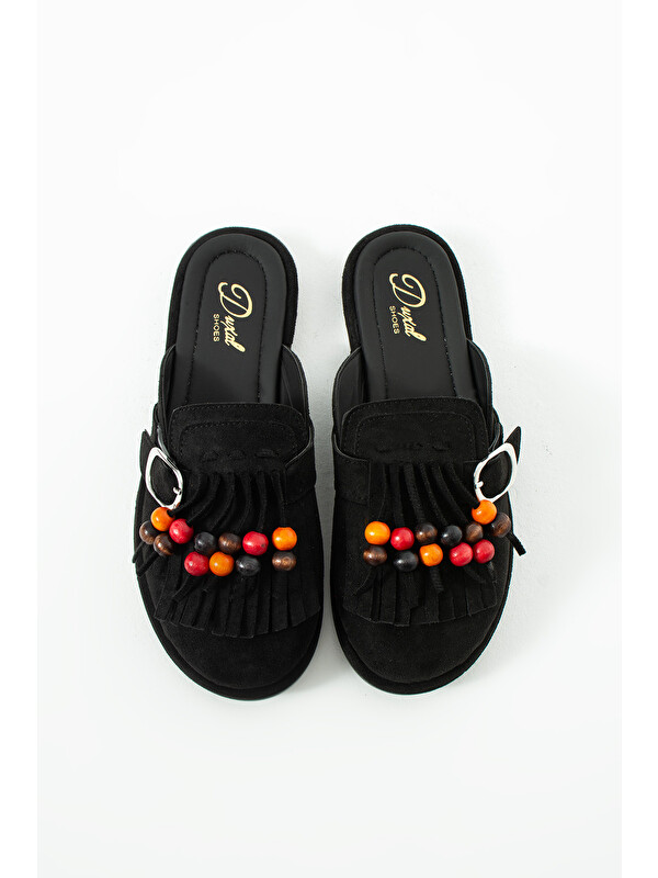 DUXAL SHOES Hazel Kadın Süet Püsküllü Boncuklu Tokalı Terlik Mulo