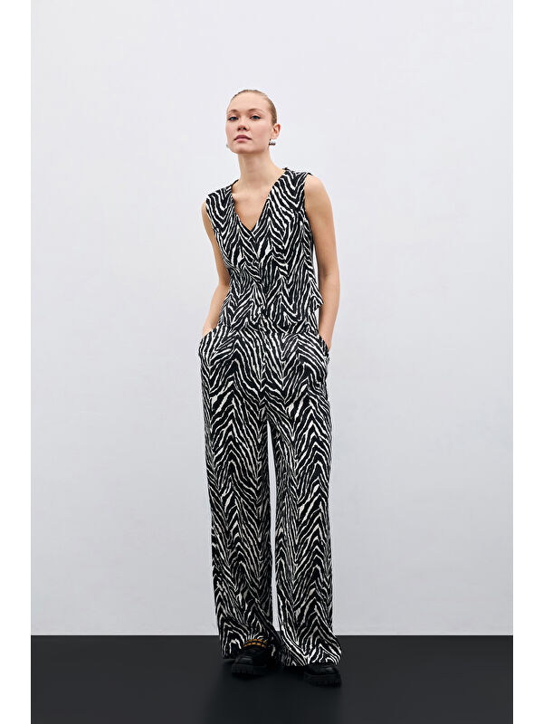 SATEEN Zebra Desen Pantolon - Siyah