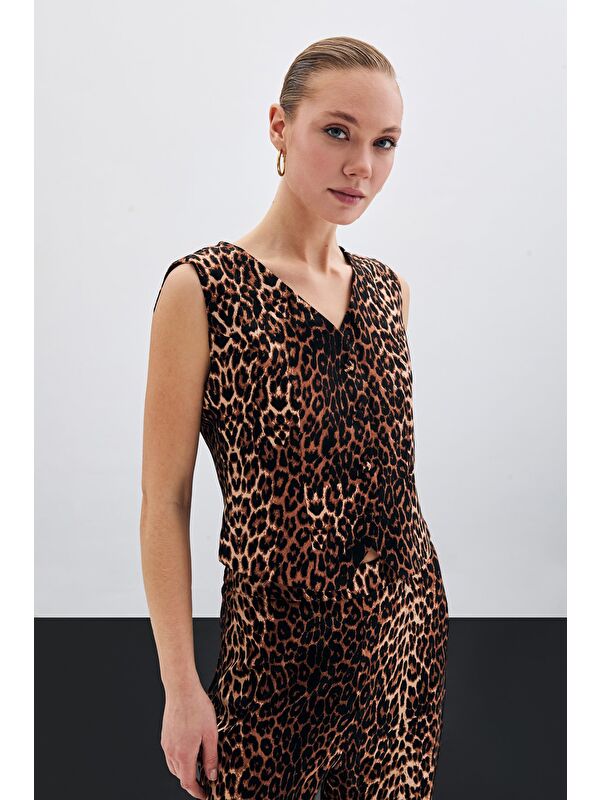 SATEEN Kısa Leopar Yelek - Siyah