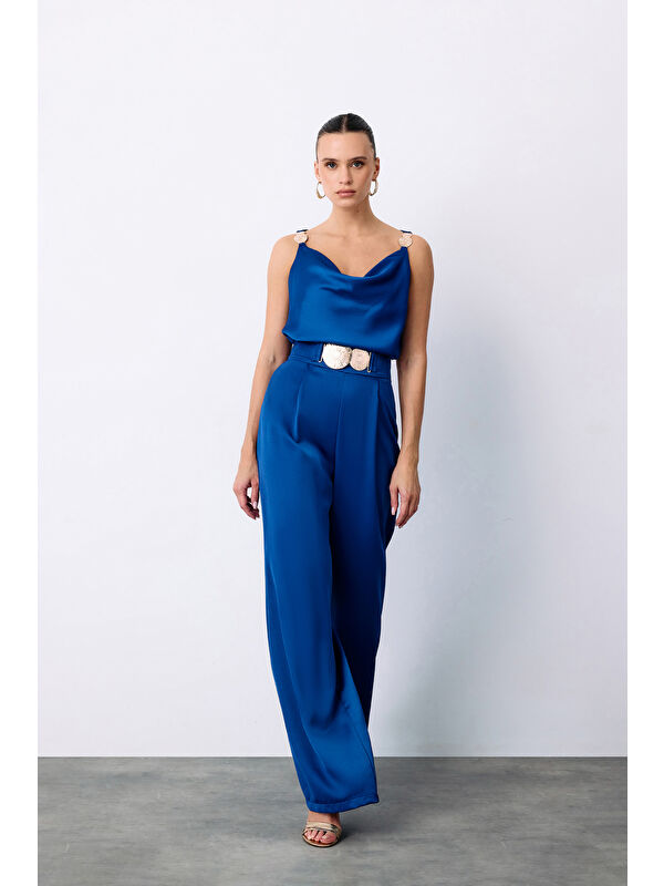 SATEEN Salaş Krep Saten Pantolon - Sax Mavi