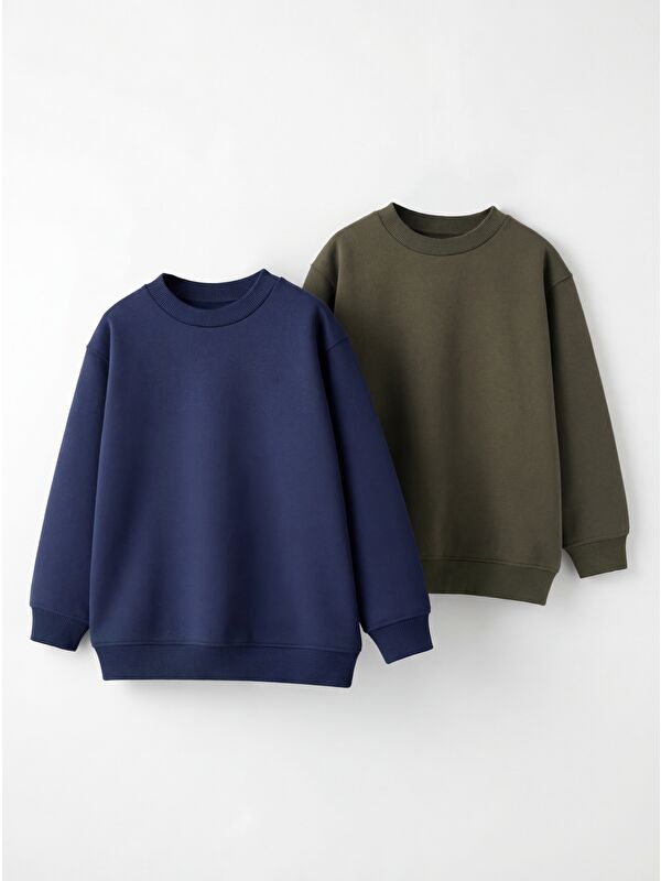ZUZUNGA 2'Li Basic Şardonlu Çocuk Sweatshirt Haki - Lacivert
