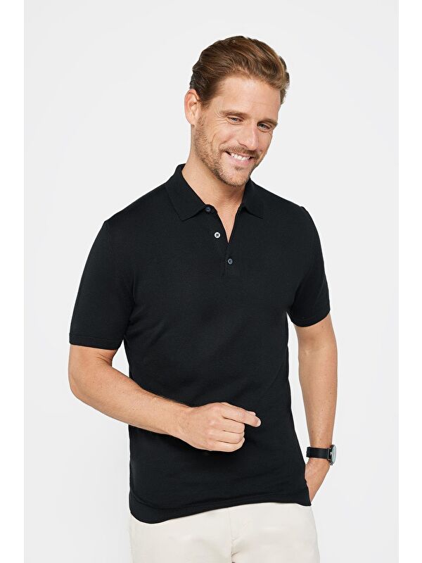 TUDORS Erkek Polo Yaka Slim Fit Örme Triko Pamuklu Siyah Tişört