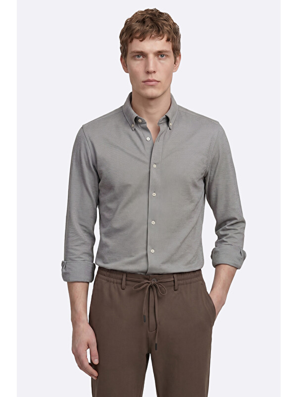 AC&Co / Altınyıldız Classics Erkek Gri Pamuklu Tailored Slim Fit Dar Kesim Düğmeli Yaka Örme Gömlek