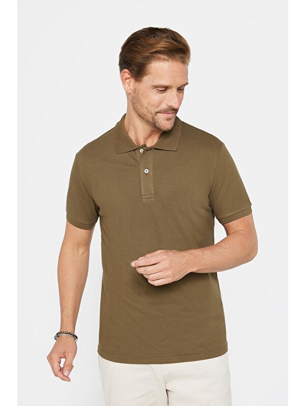 TUDORS Erkek Slim Fit Dar Kesim %100 Pamuk Düz Pike Haki Polo Yaka Tişört