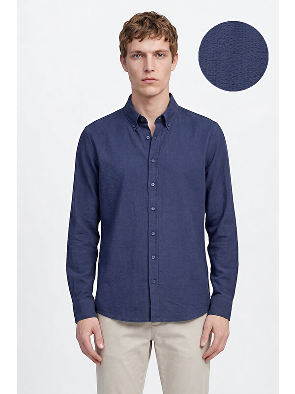 Altınyıldız Classics Erkek Lacivert %100 Pamuk Slim Fit Dar Kesim Düğmeli Yaka Gofre Desenli Gömlek