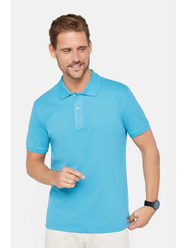 TUDORS Erkek Slim Fit Dar Kesim %100 Pamuk Düz Pike Mavi Polo Yaka Tişört