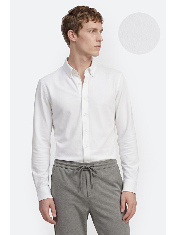AC&Co / Altınyıldız Classics Erkek Beyaz Pamuklu Tailored Slim Fit Dar Kesim Düğmeli Yaka Örme Gömlek