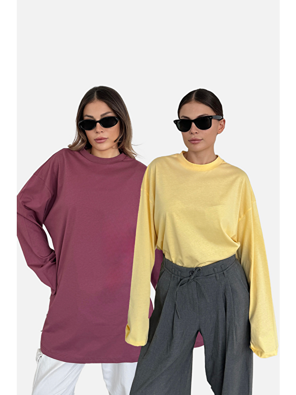 C&City Geniş Kol Oversize 2'Li Paket T-Shirt 964 Sarı/Gül Kurusu
