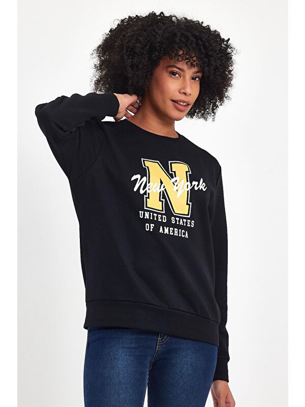 Süperlife Kadın Bisiklet Yaka Rahat Kalıp İçi Polarlı 3 İplik Kalın N Baskılı Sweatshirt SPR24SWK25