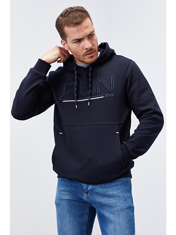 Tommylife Lacivert Yazı Nakışlı Standart Kalıp Kapüşonlu  Erkek Hoodie - 87887