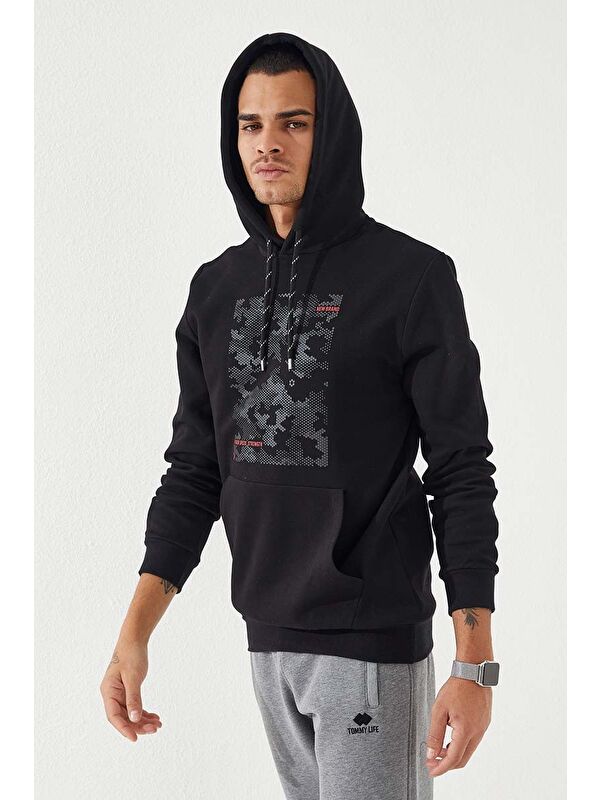 Tommylife Siyah Kamuflaj Desen Baskılı Standart Kalıp Kapüşonlu  Erkek Hoodie - 87884