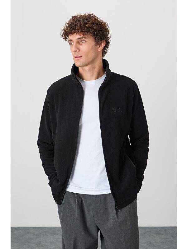 Air Jones Hardy Siyah Standart Kalıp Polar Erkek Fermuarlı Sweatshirt Hırka - 88299