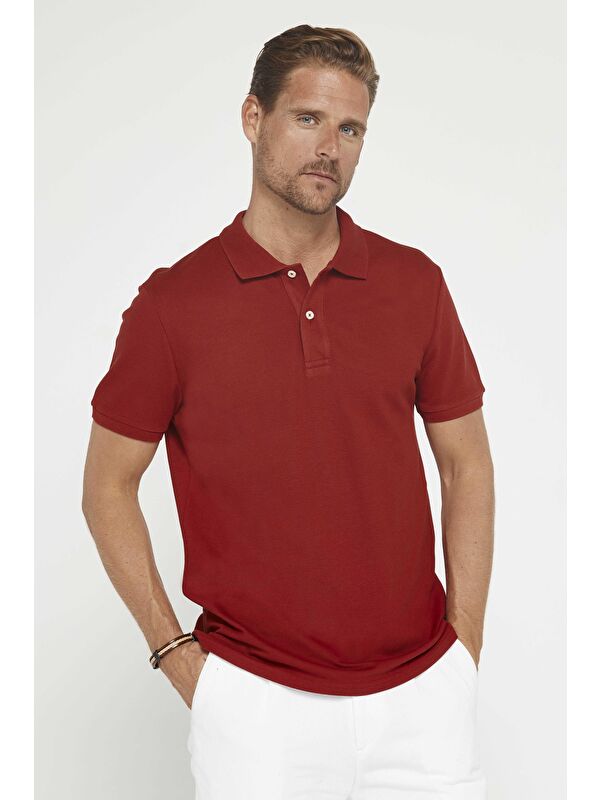 TUDORS Erkek Slim Fit Dar Kesim %100 Pamuk Düz Pike Bordo Polo Yaka Tişört