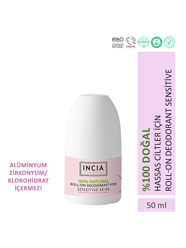 INCIA %100 Doğal Roll On Deodorant Hassas Ciltler İçin Ter Kokusu Önleyici Lekesiz 50 ml