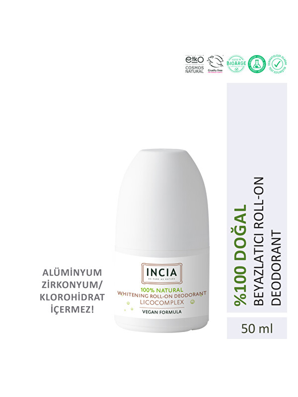 INCIA %100 Doğal Roll On Deodorant Beyazlatıcı Ter Kokusu Önleyici Lekesiz 50 ml