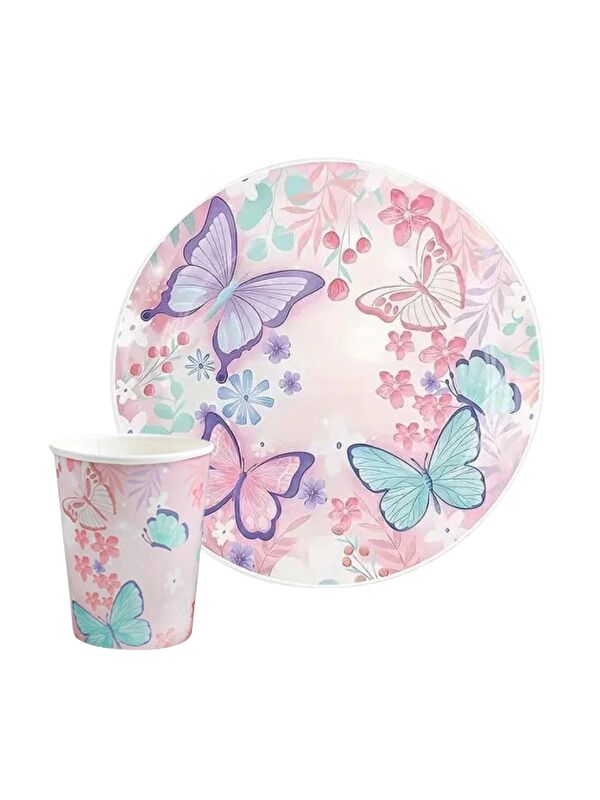 Le Mabelle Pembe Kelebek Desenli 8'li Tabak Bardak Set