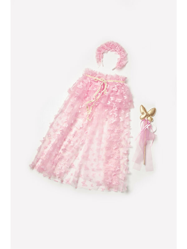 Le Mabelle Pembe Kelebek Aplikeli Kız Çocuk Pelerin Asa Taç Set