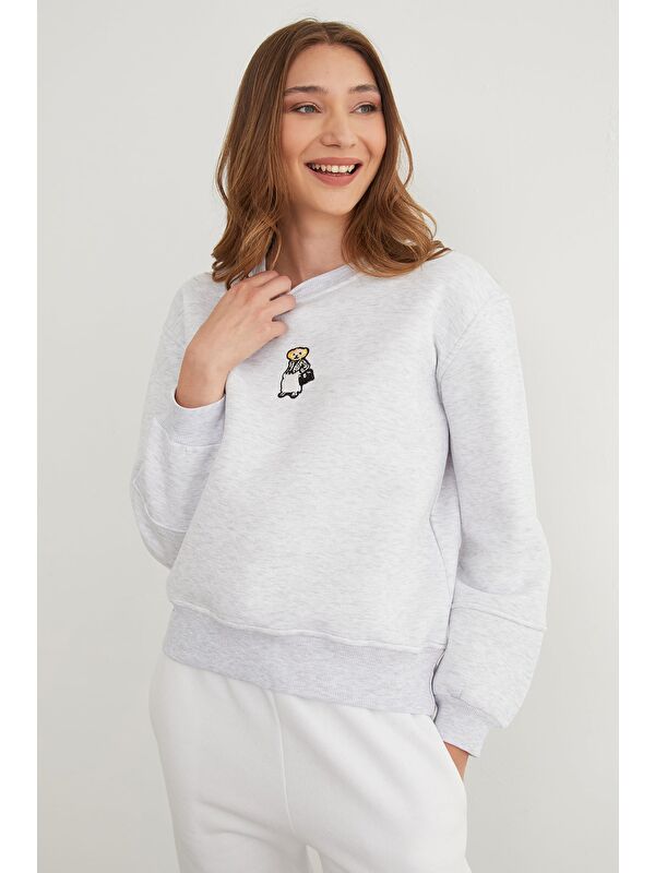 Fullamoda 3 İplik Ayıcık Nakışlı Bisiklet Yaka Sweatshirt
