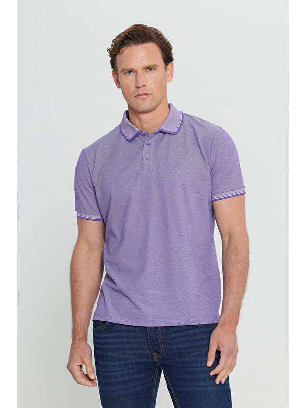 AC&Co / Altınyıldız Classics Erkek Mor-Beyaz Slim Fit Dar Kesim Kıvrılmaz Polo Yaka Kısa Kollu Tişört