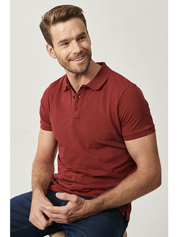 AC&Co / Altınyıldız Classics Erkek Bordo Slim Fit Dar Kesim Polo Yaka %100 Pamuk Kısa Kollu Tişört