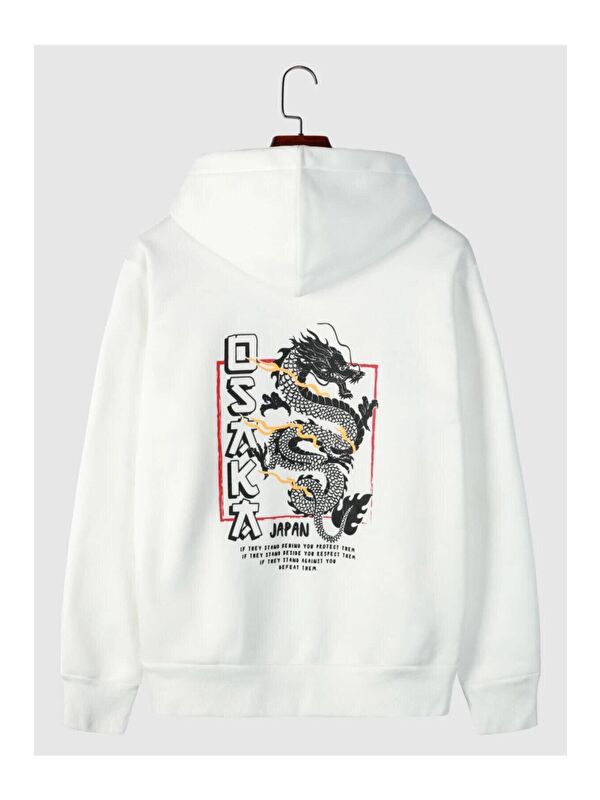 Trendseninle Unisex Kapüşonlu BEYAZ Oversize Sweatshirt Baskılı Osaka