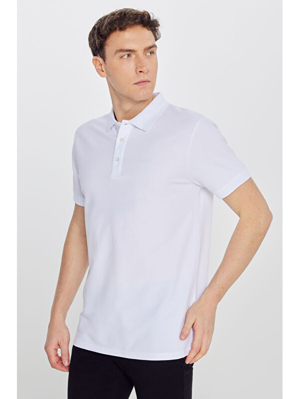 AC&Co / Altınyıldız Classics Erkek Beyaz Slim Fit Dar Kesim Polo Yaka %100 Pamuk Kısa Kollu Tişört