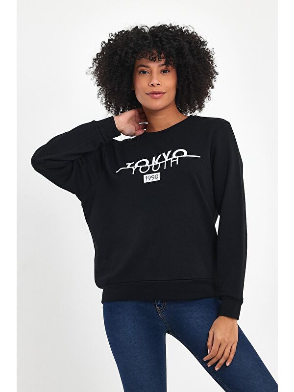 Süperlife Kadın Bisiklet Yaka Rahat Kalıp 3 iplik Kalın Tokyo Baskılı Sweatshirt SPR24SWk30