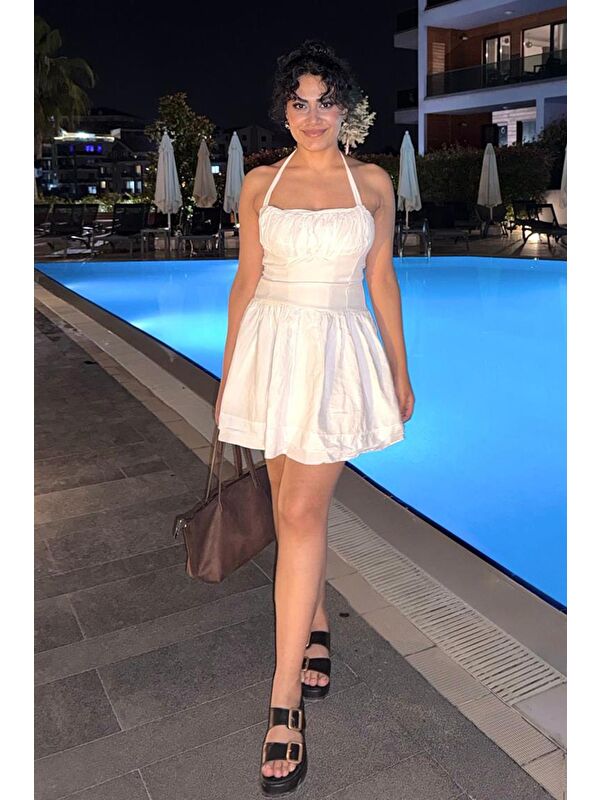 Madmext Beyaz Boyundan Bağlamalı Mini Elbise Mg2353