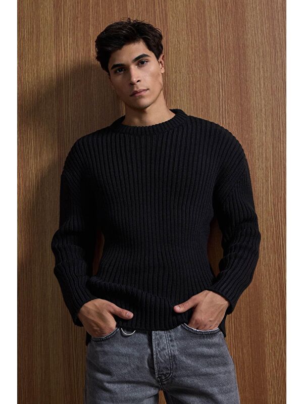 Abluka Online Erkek Oversize Fitilli Basic Triko Kazak Siyah
