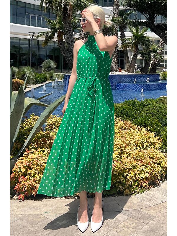 Madmext Yeşil Puantiyeli Sıfır Kol Halter Yaka Elbise Mg2134
