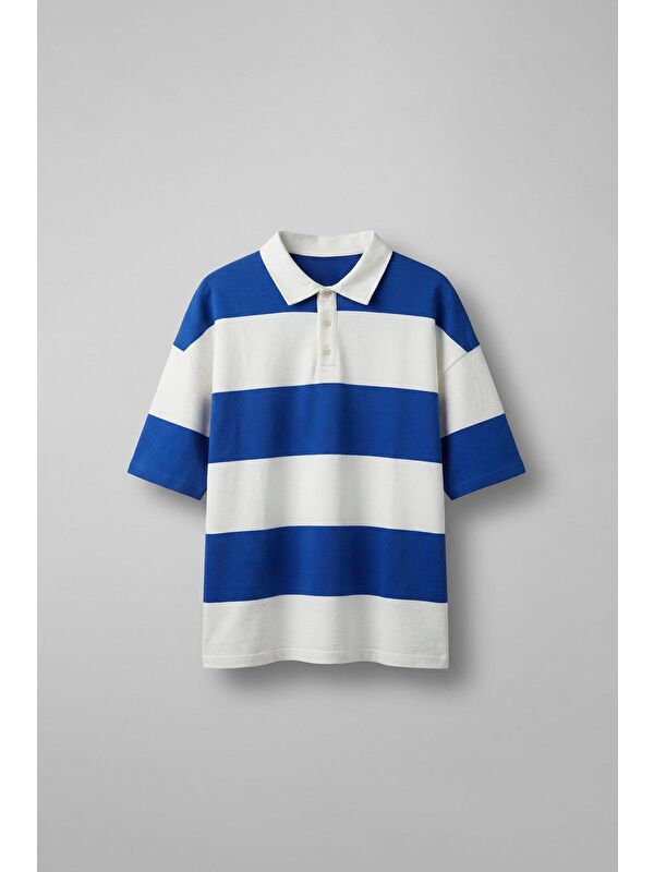 Abluka Online Erkek Oversize Renk Bloklu Polo Yaka T-Shirt Saks Mavi