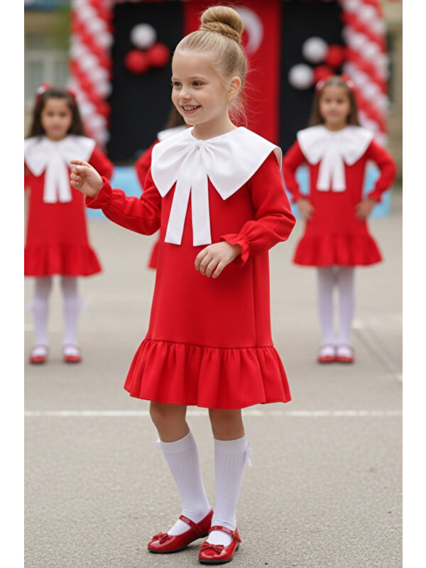 Parla Kids Kız Çocuk Yakalı Fırfırlı Keten Elbise