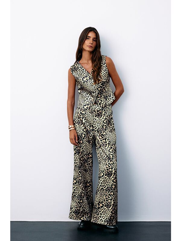 SATEEN Leopar Desenli Saten Pantolon - Gri