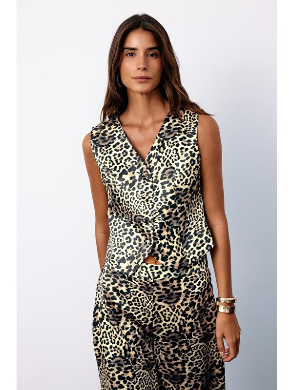 SATEEN Kruvaze Leopar Saten Yelek - Gri