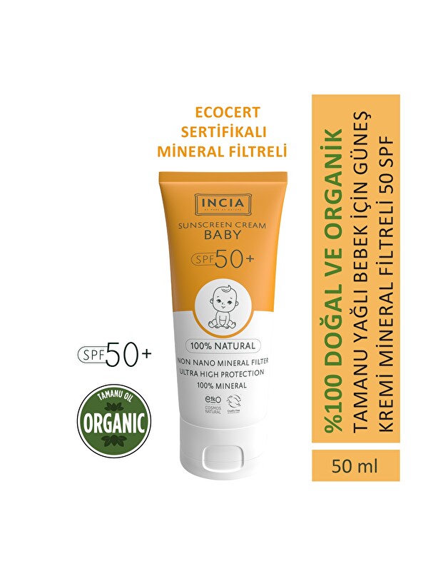 INCIA %100 Doğal Bebek Güneş Kremi Leke Karşıtı Mineral Filtreli Yüksek Koruma SPF50 UVA UVB 50 ml