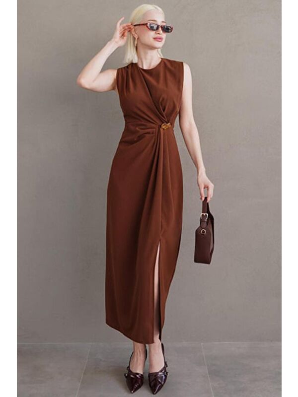 Madmext Kahverengi Bronşlu Midi Boy Kadın Elbise Mg2418