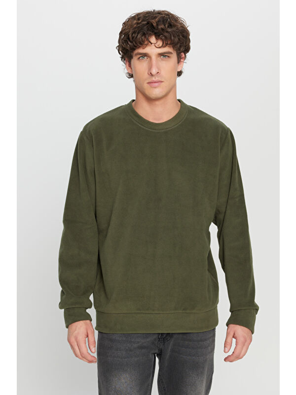 AC&Co / Altınyıldız Classics Erkek Haki Standart Fit Normal Kesim Bisiklet Yaka Sweatshirt Polar